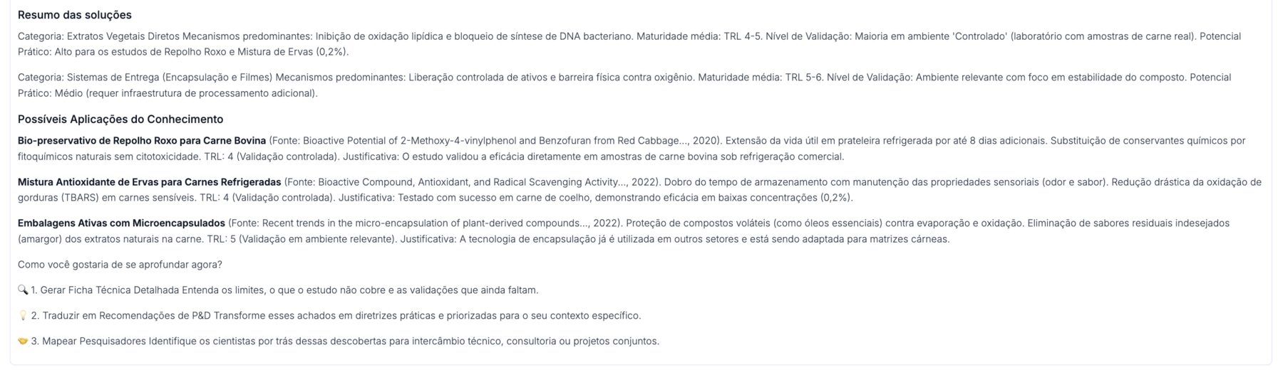Resumo executivo das soluções: bio-preservativos, misturas antioxidantes e embalagens ativas — todas com TRL e contexto de validação.